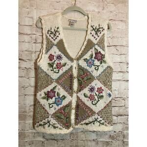 Vintage Adrian Delafield Sweater Vest Womens Medium Bobble Cream Cottage Country